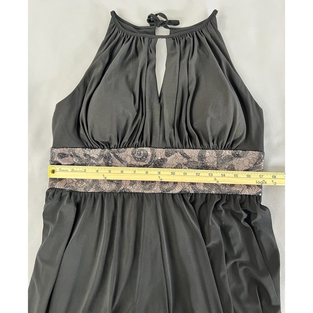 R&M Richards Formal Dress Black Sequined Waist Peephole Slit Sz 16 Prom - Picture 9 of 16
